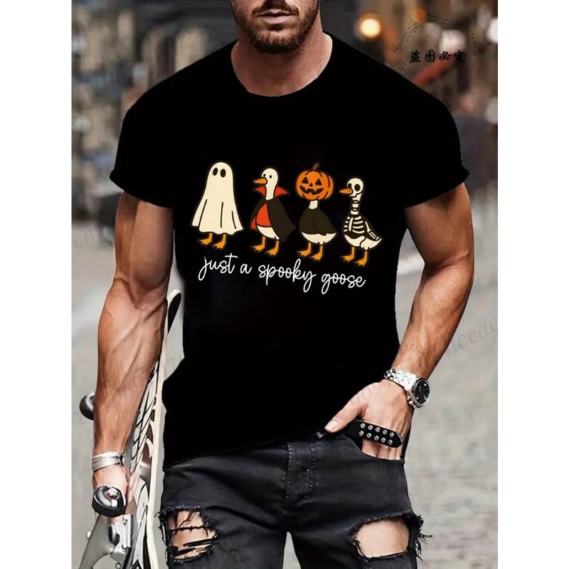 Summer Round Neck Halloween Ghost & Goose Graphic 3D Print T-shirts Fashionable Casual Short Sleeved Men's T-shirts