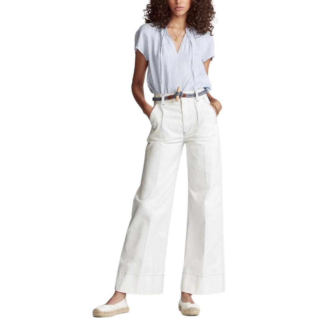 Polo Ralph Lauren Striped Linen Bow Tie Short Sleeve Shirt Loose Fit Women shirts WMPOSHTNN820028-400