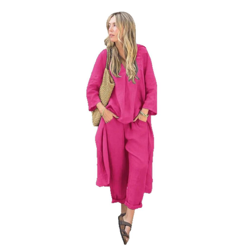 Set da Donna Primavera 2025 Taglie Forti Cotone Lino Set 2 Pezzi: Pantaloni Larghi a Vita Alta & Camicia