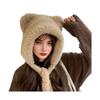 Women Hat Bear Shape Solid Color Winter Knitted Hat with Lace-up Cold Weather Thick Warm Plush Headwear