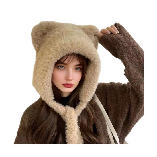 Women Hat Bear Shape Solid Color Winter Knitted Hat with Lace-up Cold Weather Thick Warm Plush Headwear