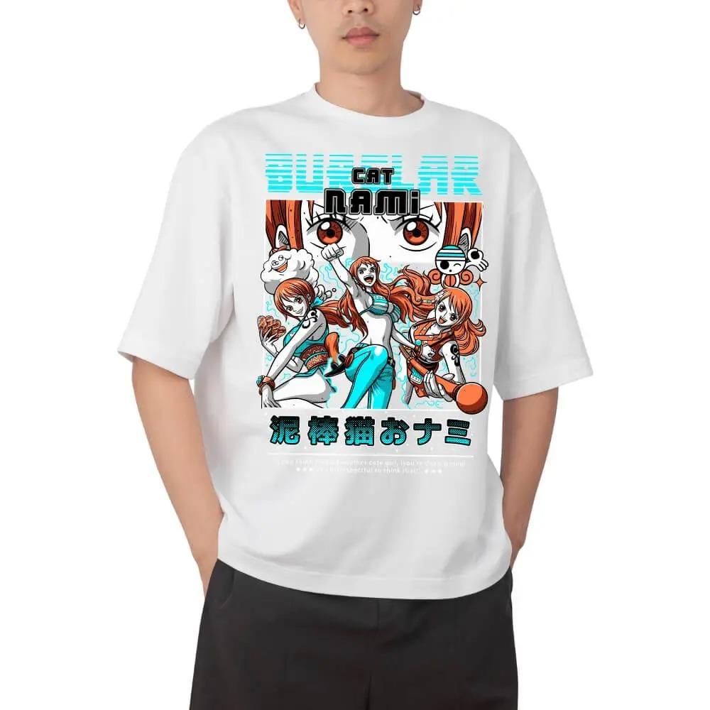 

One Piece Nami Cat Burglar Multi-Pose Anime White Oversized T-Shirt Streetwear Pop Rock Concert Fan Merch T-Shirt 4XL