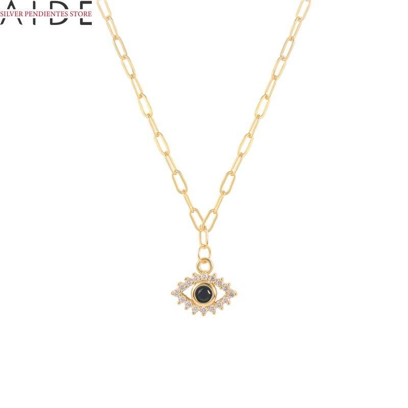 Simple Paper Clip Chain Diamond Necklace Jewelry Women Evil Eye Pendant Necklace  Trendy Gold Chain Collares Bijoux