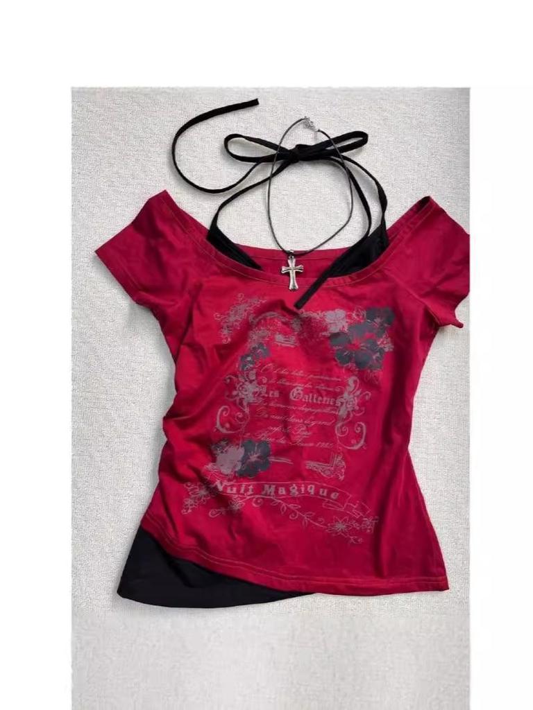 Vintage Y2K Sweet-Spicy Halter Two-Piece Style Cropped Tee