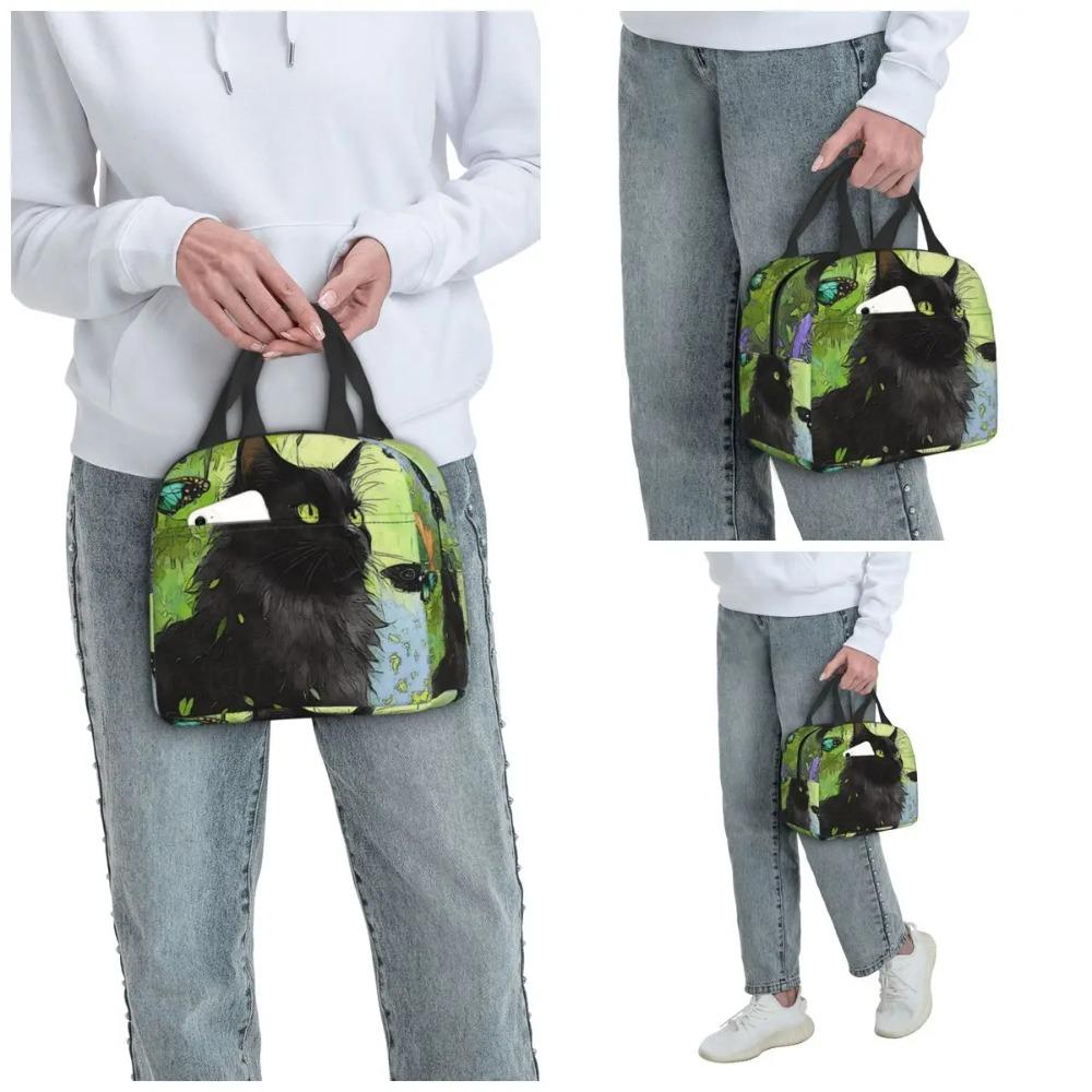 Cute Black Kitten And Butterfly Insulated Lunch Bag for Kids School Cooler Thermal Food Box Tote Portable Lunch Boxes Container