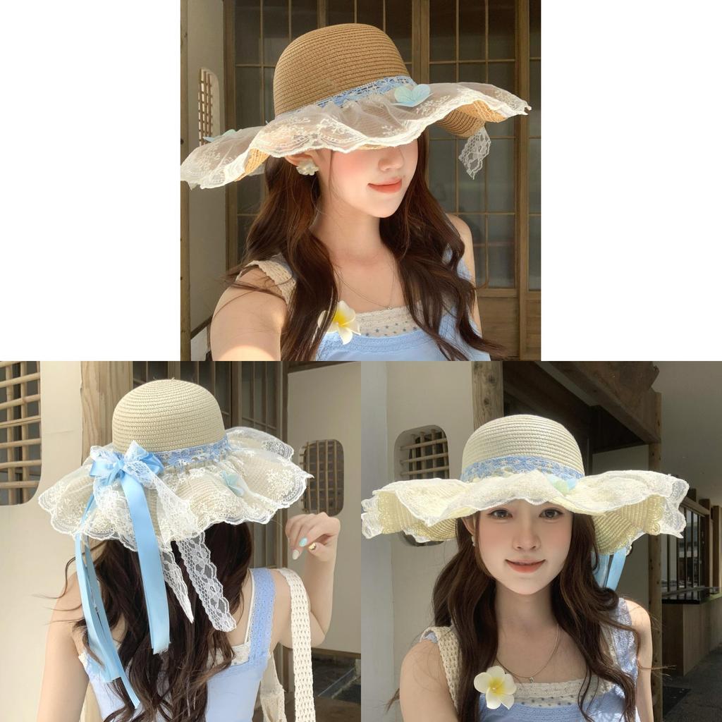 Summer Women Blue Lace Butterfly Bow Sun Hat With Wide Brim For Beach And Vacation