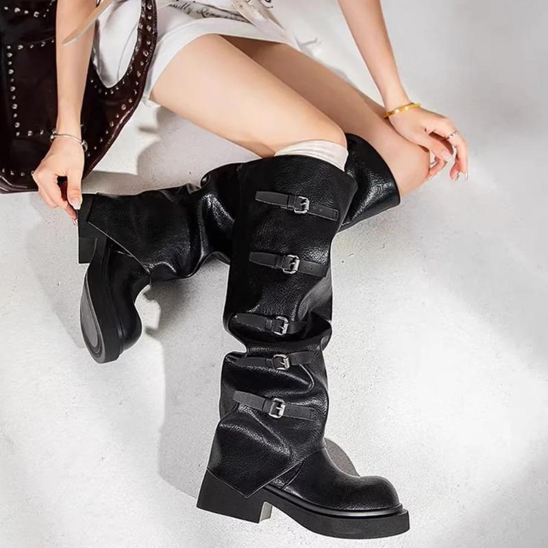 Fashion Brand New Buckle Strap Wasteland Vintage Brown Y2k Knee High Motorcycle Boots Maillard Style Black Trouser Leg Boots Women Shoes