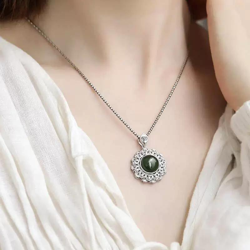 925 silver new Chinese sunflower Hetian egg surface hollow pendant necklace female retro national style niche design versatile