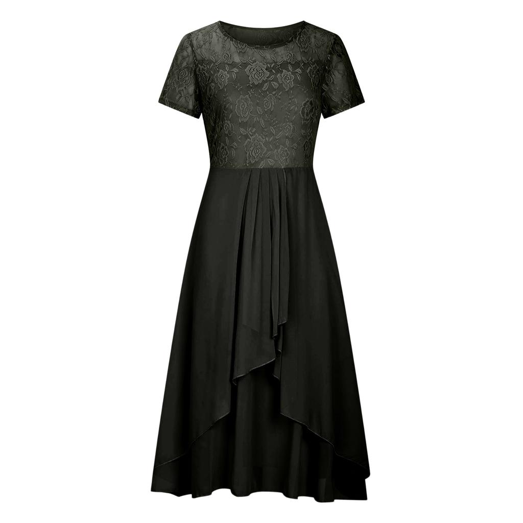 Women Chiffon Lace Patchwork Short Sleeve Maxi Dress Elegant Bridesmaid Evening Gown Flowy A Line Long Skirt for Formal Events