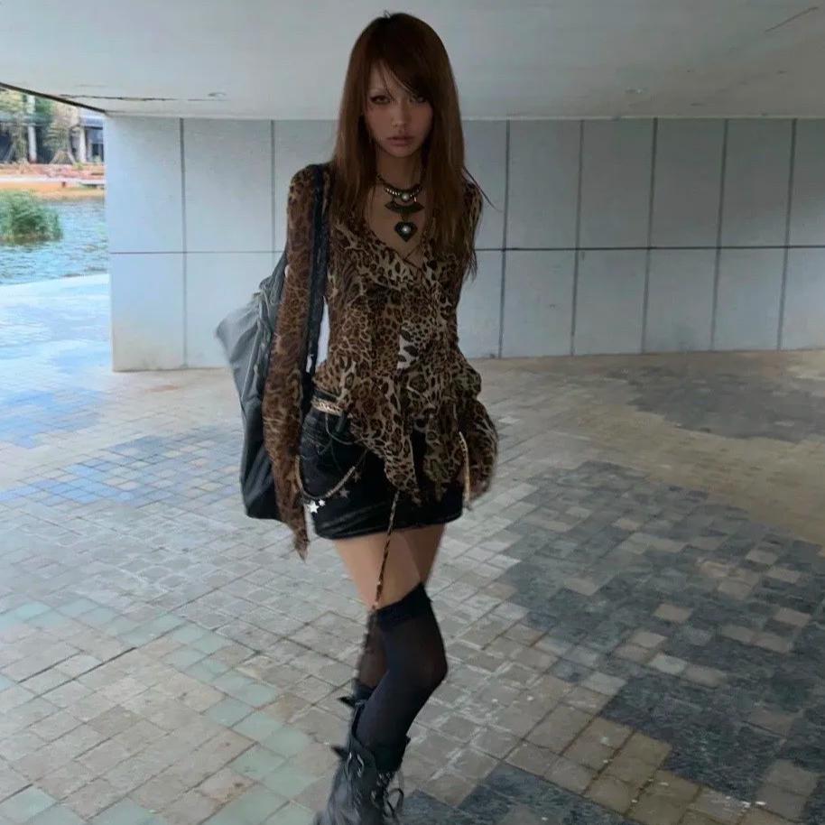 VAYLA Japanese Y2k Leopard Print Shirt Vintage Harajuku Ruffled Blouses Grunge Aesthetics V-neck Irregular Shirt Trashy 90s