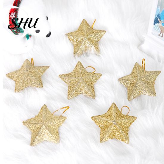 Christmas Hanging Ornament 6Pcs Sparkling 3D Star Shape Pendant with Lanyard Glitter Tree DIY Craft Party Decor