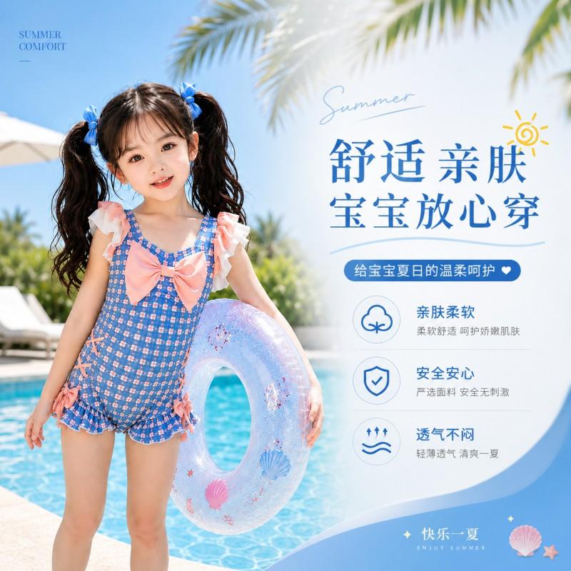 Girls One-Piece Swimsuit With Ruffled Sleeve Bow Tie Side Ties Blue Pink Plaid Ages 2-12