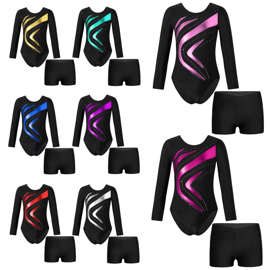 Leotard de dans strălucitor pentru fete, cu mânecă lungă, guler rotund, model patchwork cu strasuri și pantaloni scurți cu talie în V, set de concurs