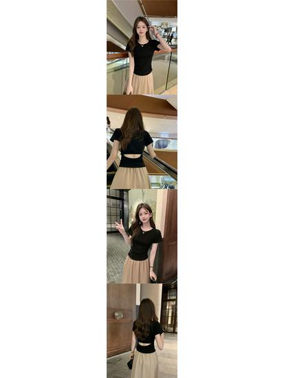 Women's Summer Slim Fit Pleated Short Sleeve T-shirt with Back Cutout