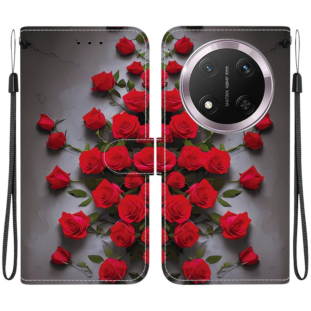 Handmade PU Leather Flip Case for Honor X9c Anti-Slip Shockproof Cover with Wrist Strap & Heart/Rose Cat Designs