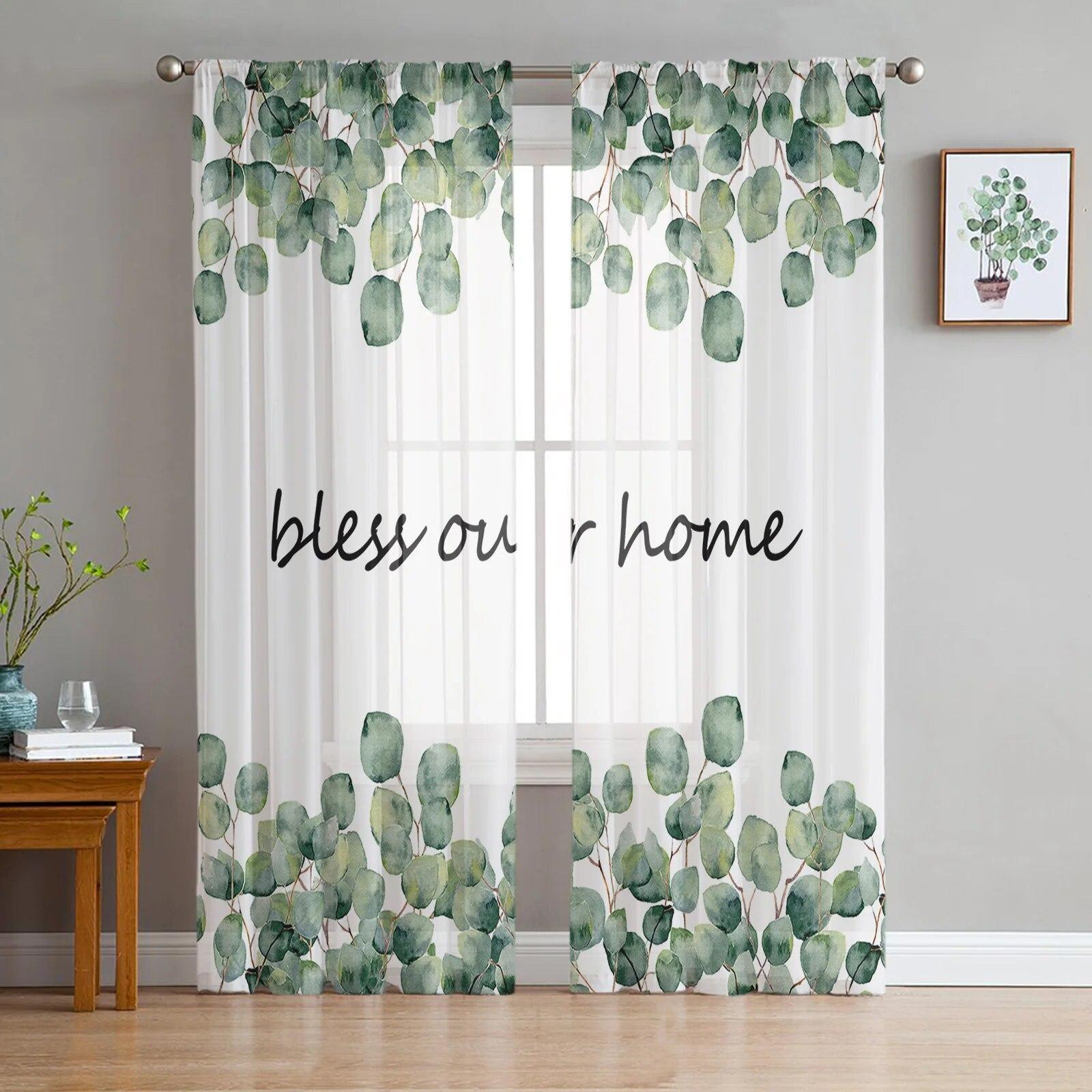 

Акварельные листья эвкалипта, зеленые прозрачные оконные шторы для гостиной, спальни, современные тюлевые шторы, тканевые шторы 135W x 114H(cm)