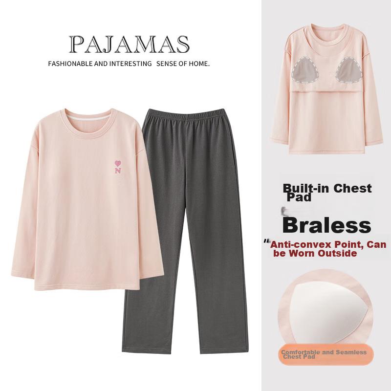 XUEXIMAN Women's Cotton Pajamas with Chest Pads, Sweet And Cute Long-Sleeve Two-Piece Set, Casual Comfortable Loungewear Suitable for Outdoor Wear