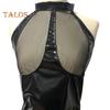 Women Honeymoon Bodysuit Fishnet Faux Leather Patchwork Off Shoulder Bodycon Chain Decor Open Crotch Playsuit Nightclub Hotel Wedding Night Sex