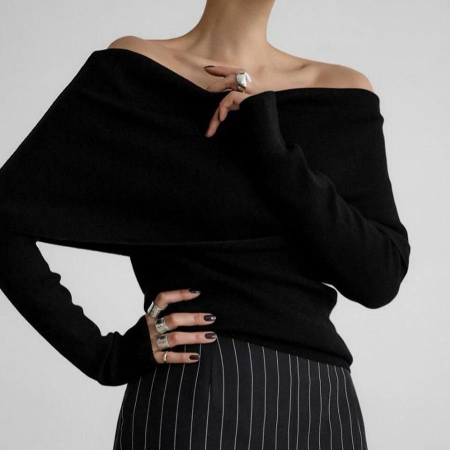 Spring Autumn Women's Sexy Off-shoulder Knitted Sweater Slim Stretch Long-sleeved Pullover Knitted Sweater
