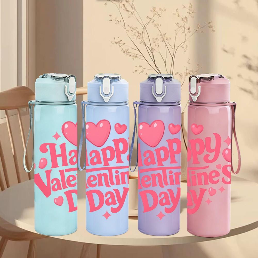 1PC Happy Valentines Day Text Print 750ml Color Plastic Sports Water Bottle Leakproof Flip Straw Lid Suitable for Sports Office Home Use