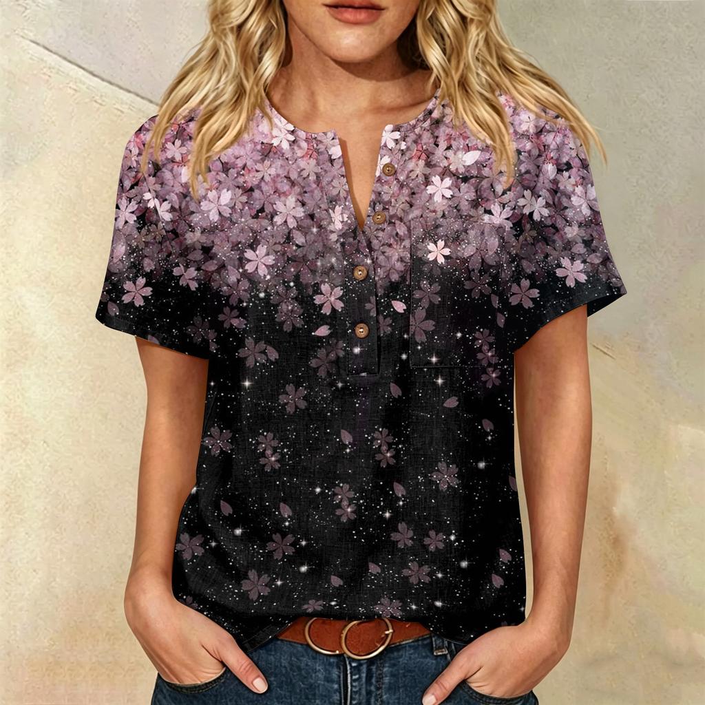 Damen Kurzarm Hemd aus Baumwolle und Leinen mit Modischem Print Henley Knopfleiste und Brusttasche für Freizeitkleidung