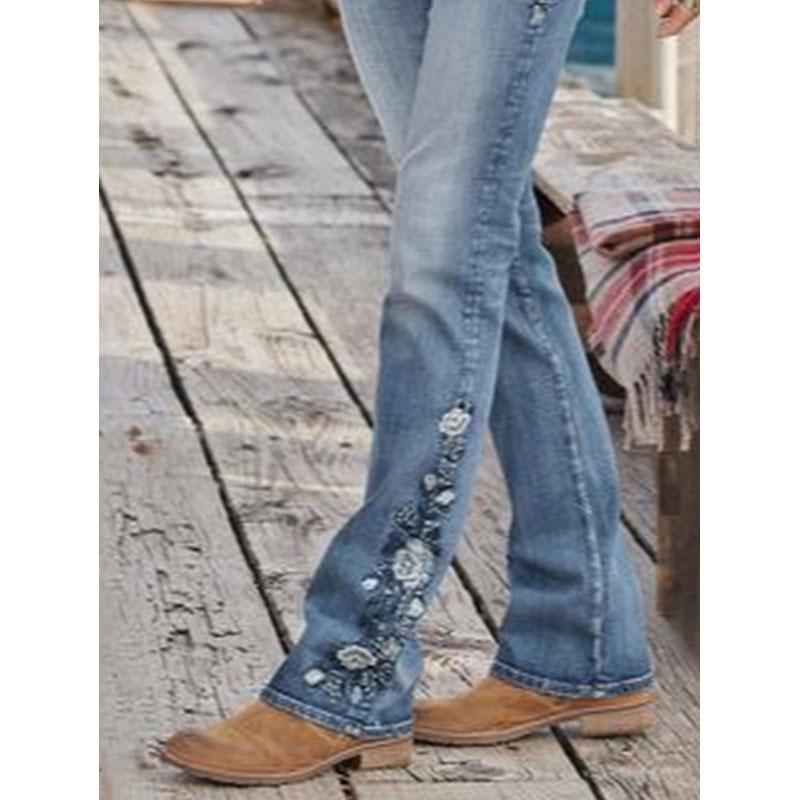 Jeans da donna slim vintage a vita alta ricamati