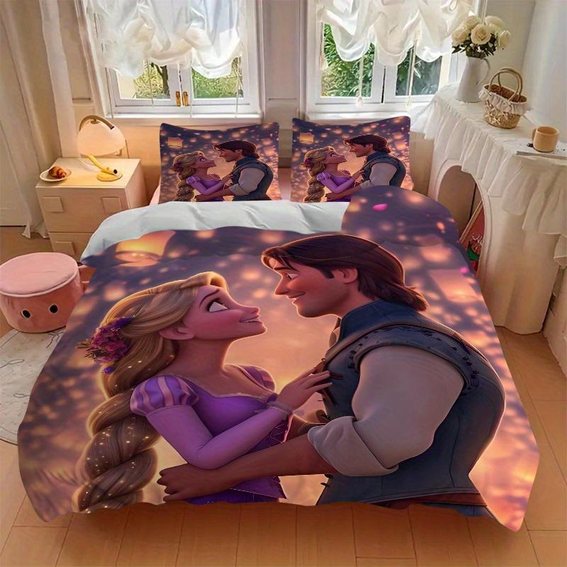 3pcs Tangled Rapunzel & Flynn Romantic Scene Printed Bedding Set, Soft and Comfortable Quilt Cover for Bedroom, Guest Room (1 Duvet Cover + 2 Pil