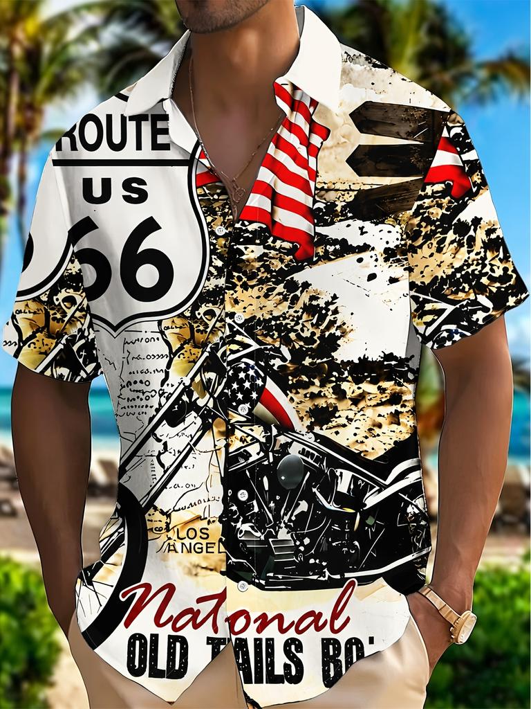 Printed Design - Not Textured] 2026 Summer New Arrival Men's Plus Size Shirt, Men's Casual Short Sleeve Beach Shirt, Route 66 Vintage Poster with
