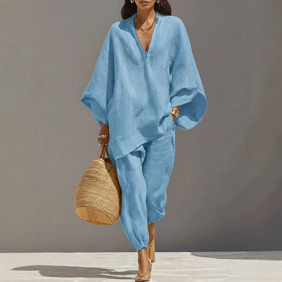 Dames V-hals Vleermuis 3/4 Mouw Losse Pasvorm Twee Delig Set Effen Oversized Shirt Joggingbroek Bijpassende Loungewear Casual Vakantie Outfit
