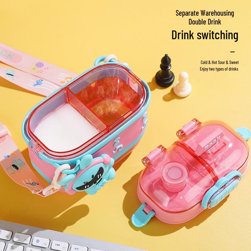 Summer Rock Rabbit Double Compartment Kids' Straw Cup - Large Capacity, Cute Cartoon Design