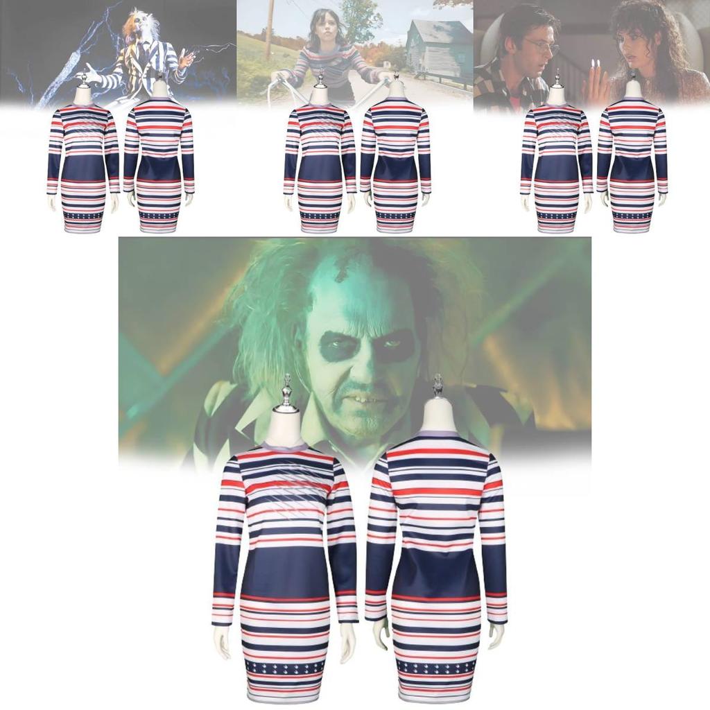 Beetlejuice Cosplay Costume Astrid Striped Dress For Halloween Role Play