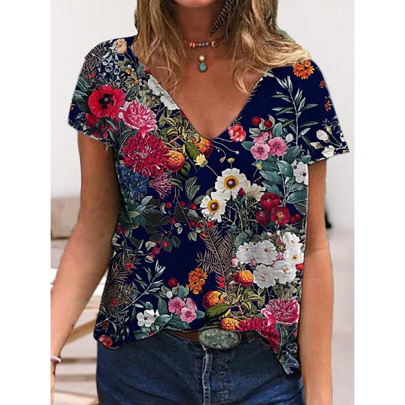 Summer V-neck 3D Flower Printed Top Fashionable Casual Short Sleeved Women's T-shirts
