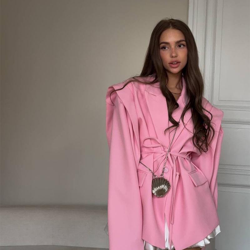 2025 Spring/Summer Versatile Solid Color Coat: Waist-cinching Tie-belt, Shoulder Pad, Elegant Design