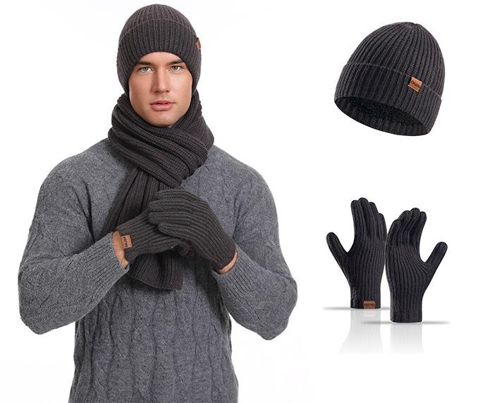 

Мужская вязаная шапка осень и зима новая овечья шерсть утолщенная шапка шарф перчатки набор из трех предметов