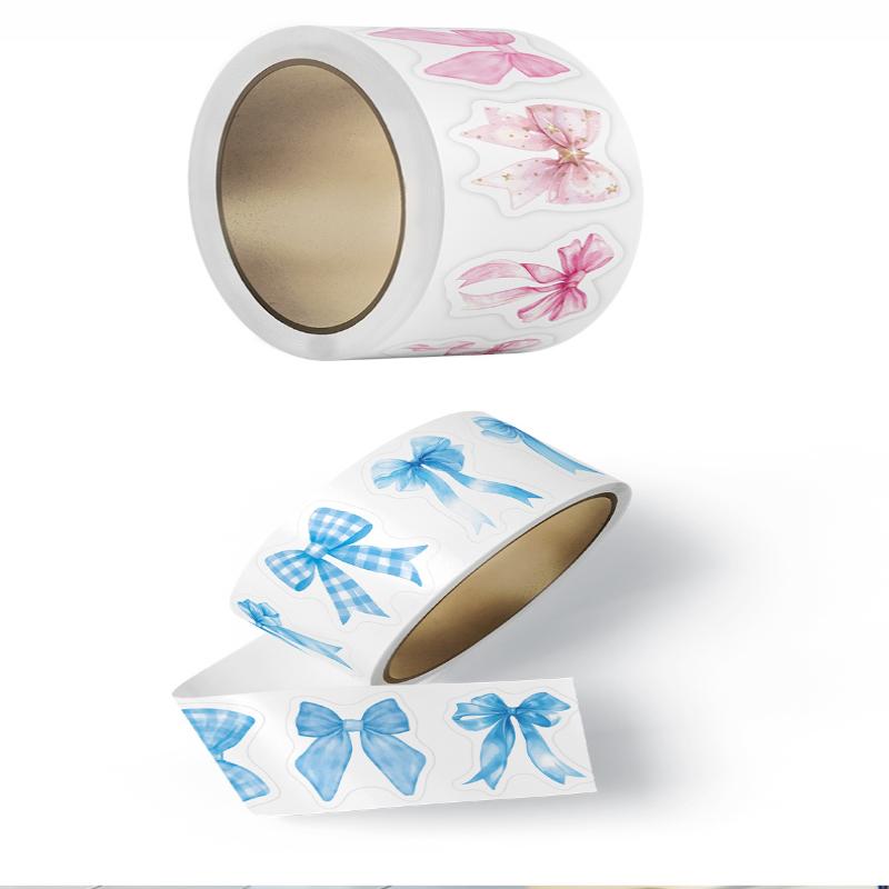500Pcs/Roll Bow Print Stickers Waterproof Self-Adhesive Decals for Laptop Scrapbook Journal Packaging Decoration