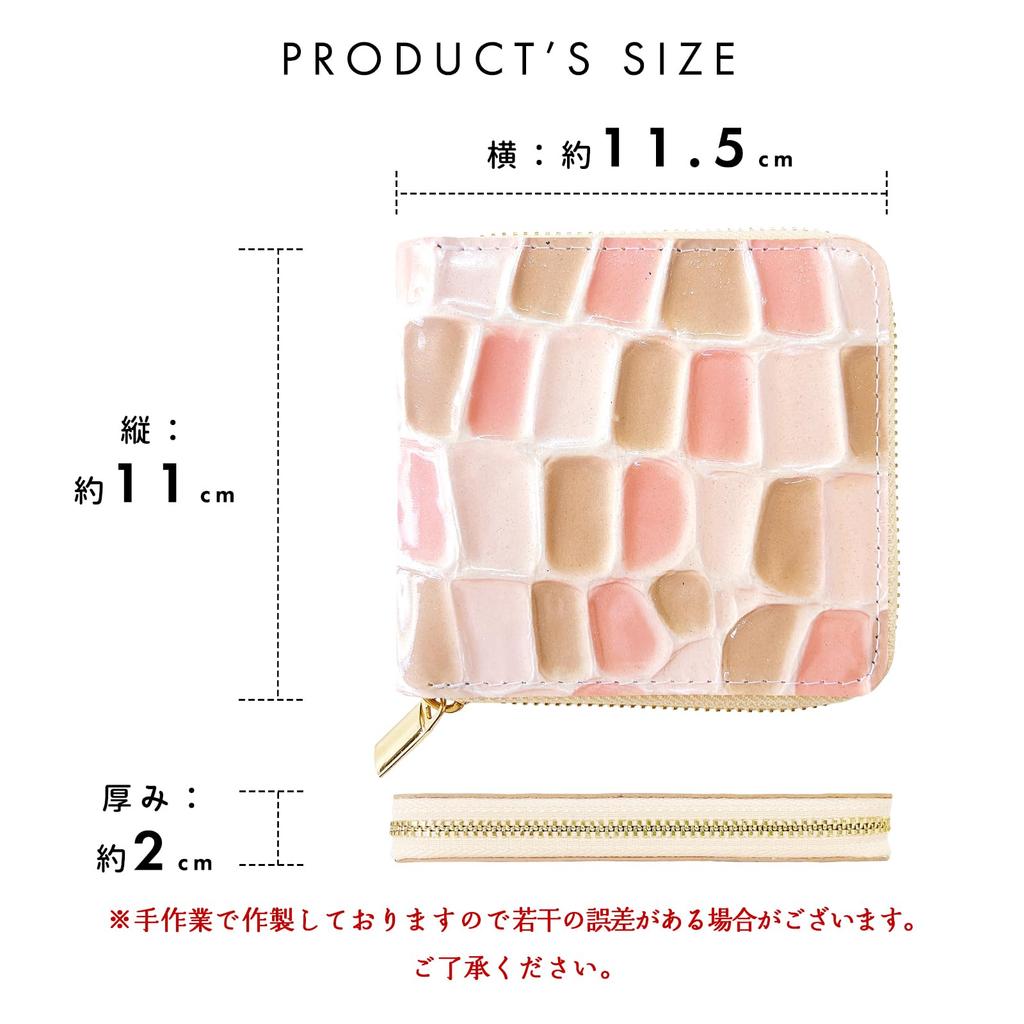 Trendy Yamagishi Genuine Leather Bifold Wallet with Round Zipper, Women's, Compact, High-Quality Enamel Embossed Stained Glass Design, Pink