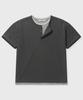 KIIMUIR [Crop] Striped Layered Henley Neck Short Sleeve T-Shirt_Charcoal