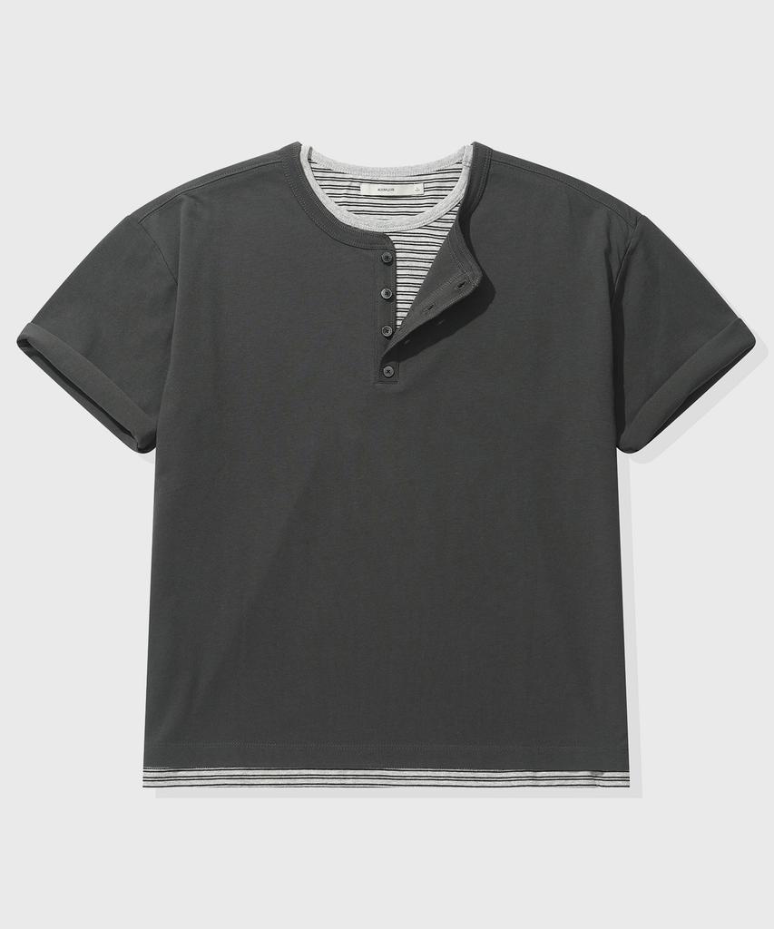 KIIMUIR [Crop] Striped Layered Henley Neck Short Sleeve T-Shirt_Charcoal