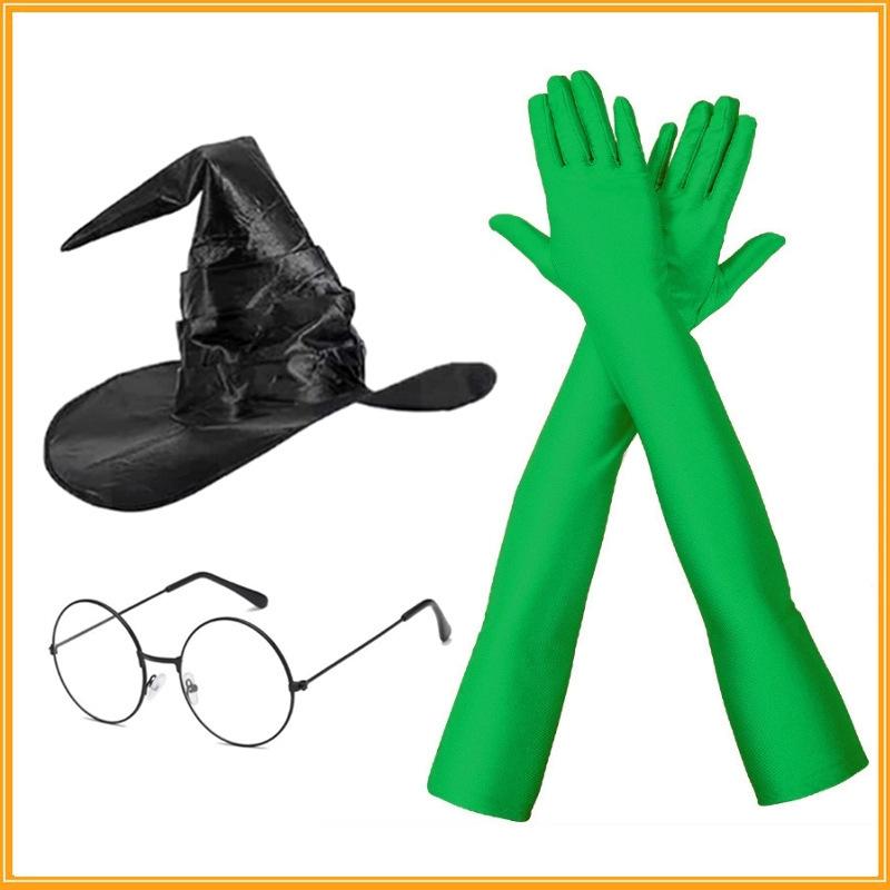 Halloween Green Witch Costume Set With Claw Gloves Striped Socks Wizard Hat Cloak And Round Glasses For Party Cosplay