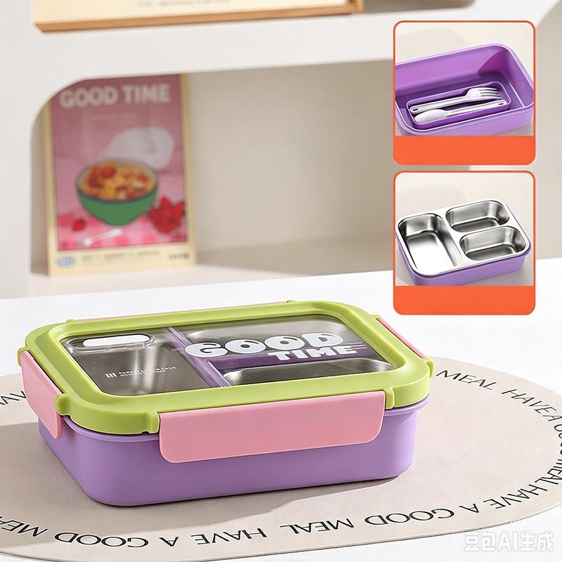 Food Grade 304 Stainless Steel Compartment Lunch Box Sealed Insulated Bento Box with Tableware for Students Office Workers