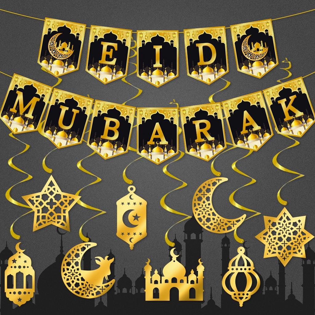 Eid Mubarak Banner Eid Muburak Dekorationen Stern Mond Laterne Hängende Wirbel Ramadan Partyzubehör für Heimdekorationen