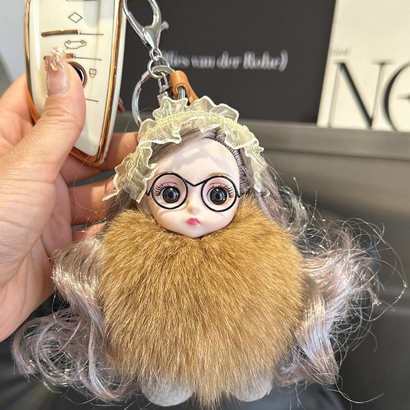 Søt Pompom Nøkkelring Ekte Rev Plysjball Nøkkelring Plysj Brilledukke Anheng Nøkkelholderkjede
