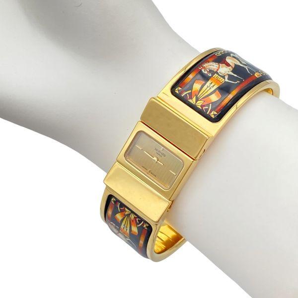 Used Hermes HERMES Bangle Watch Loquet Quartz Watch LO1.201 Cloisonn Enamel Slide Clasp Gold Color GP Enamel Ladies 6D547