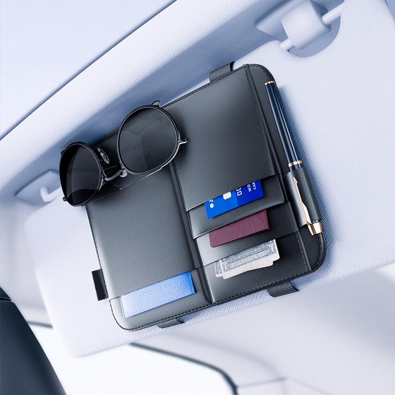 Car Sun Visor Organizer Leather Business Card Pen Multi-Pocket Storage Bag Sunglasses Holder Eyeglasses Clips Auto Accessories