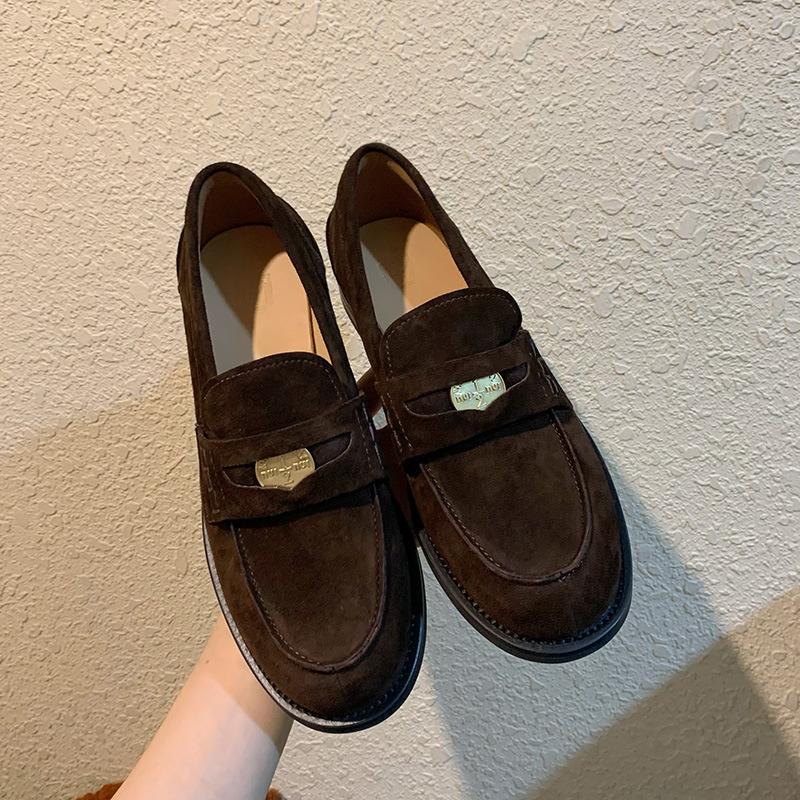 Hand-polished gold coin loafers women's British small leather shoes design sense niche retro thick heel bright leather round head single shoes