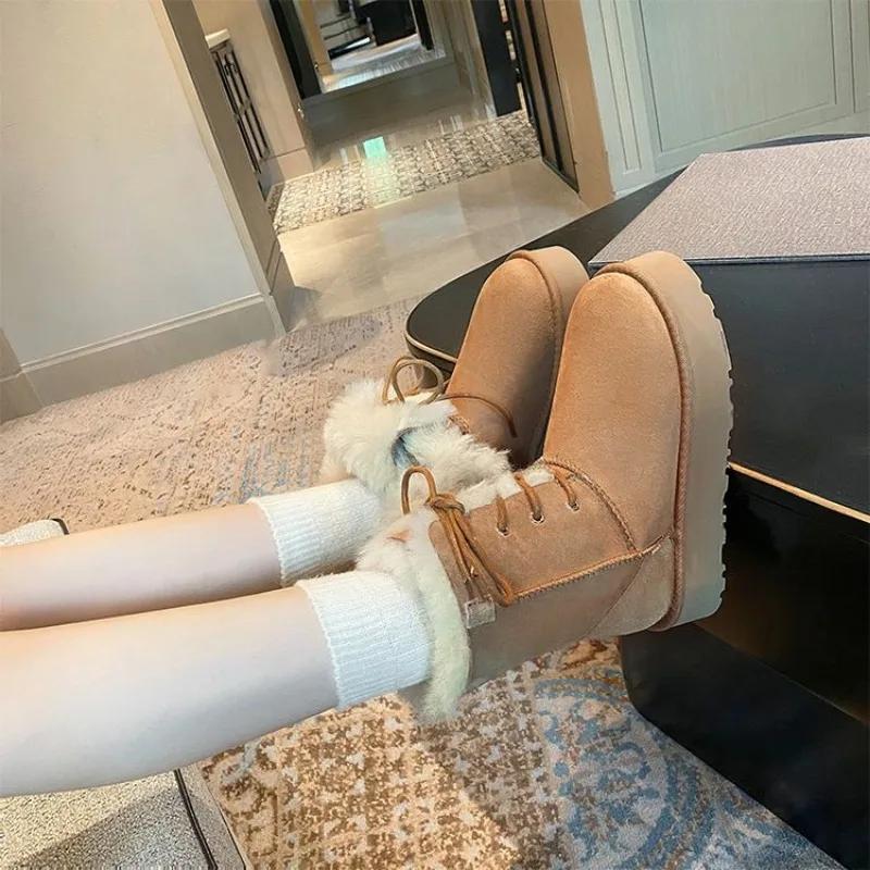 Fashion New Retro Winter Cow Suede Warm Snow Boots Handmade Women's Cute Round Head Thick Bottom with Suede Warm Cotton Boots Size 40