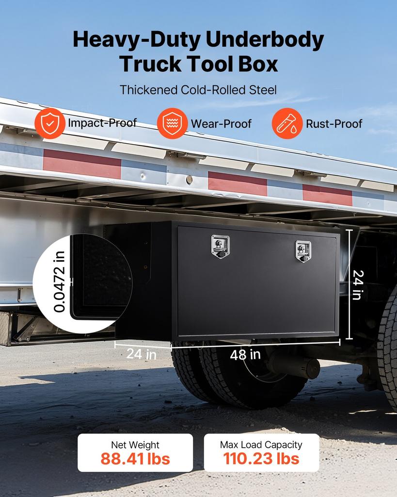 Underbody Truck Tool Box, 1219 x 609 x 609 mm Heavy Duty Steel Trailer Storage Box with Lock & Keys, Waterproof Trailer Storage Organizer Under Body
