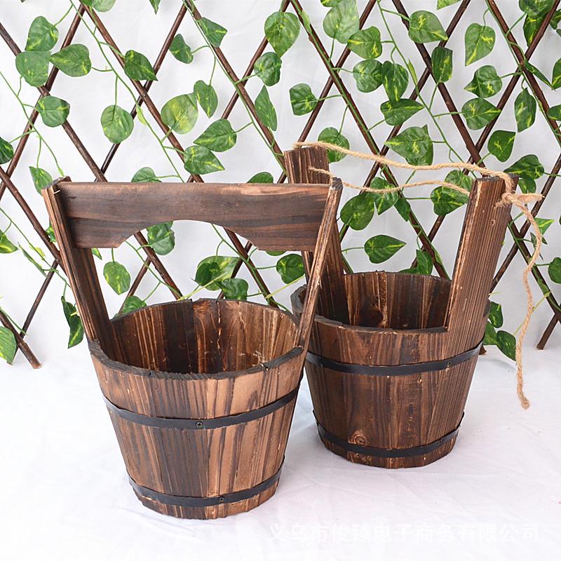 Carbonized Wood Succulent Pot, Balcony Flower Planter, Retro Hanging Fence Water Bucket