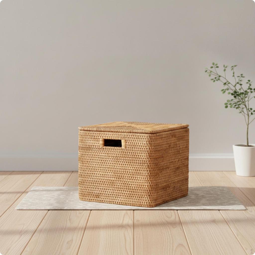 Cesta de Armazenamento de Rattan com Tampa Recipiente com Tampa Tecido à Mão