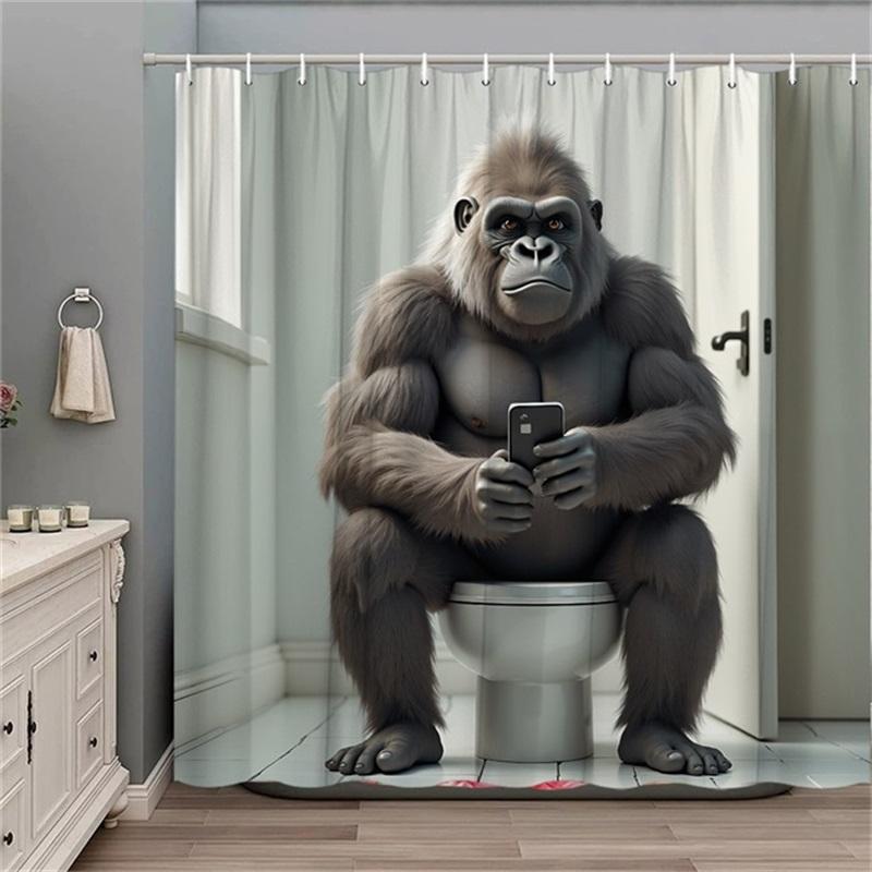 

Funny Gorilla Sitting On Toilet Shower Curtain Humorous Bathroom Decoration, Including 12 Hooks, Modern Bathroom Design W60H190(CM)-1 Pcs
